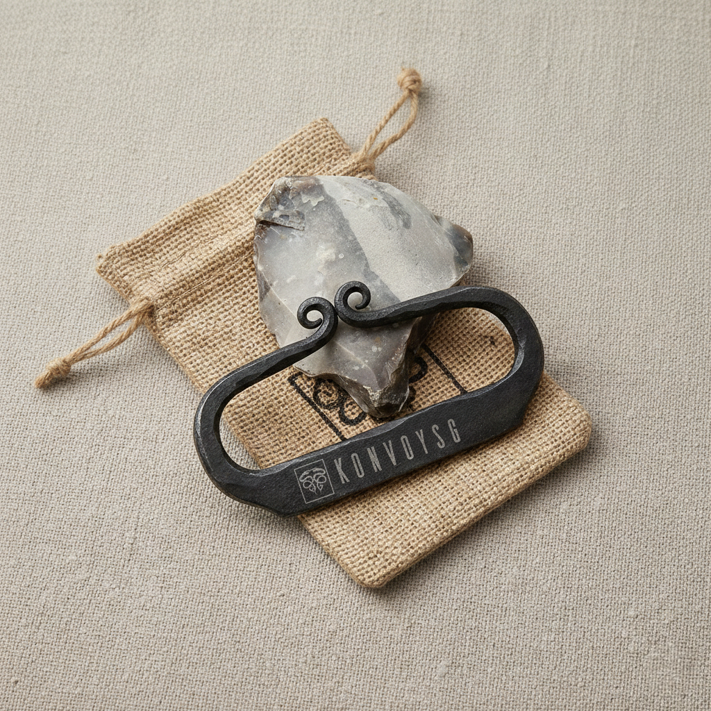 KonvoySG Hand-Forged Flint & Steel Fire Striker Kit – Carbon Steel with English Flint Stone & Jute Carry Bag – Traditional Bushcraft Survival Fire Starter for Camping & Emergency Use
