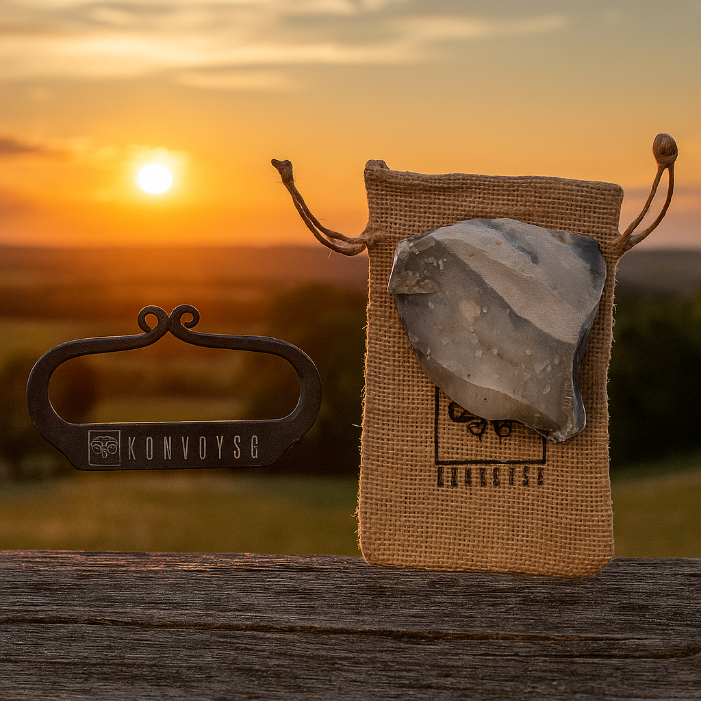 KonvoySG Hand-Forged Flint & Steel Fire Striker Kit – Carbon Steel with English Flint Stone & Jute Carry Bag – Traditional Bushcraft Survival Fire Starter for Camping & Emergency Use