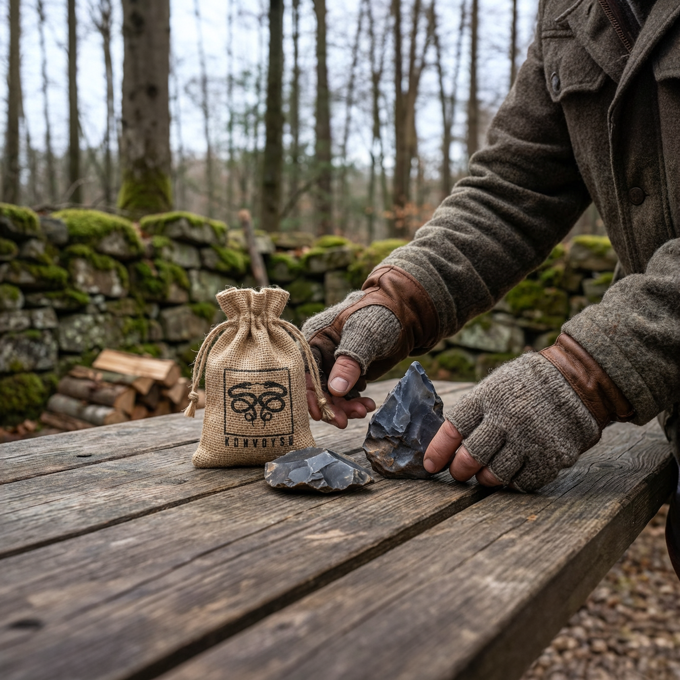 KonvoySG English Flint Stones & Tinder Jute Bag for Carbon Steel Striker | Bushcraft, Camping & Survival Fire Starting Kit