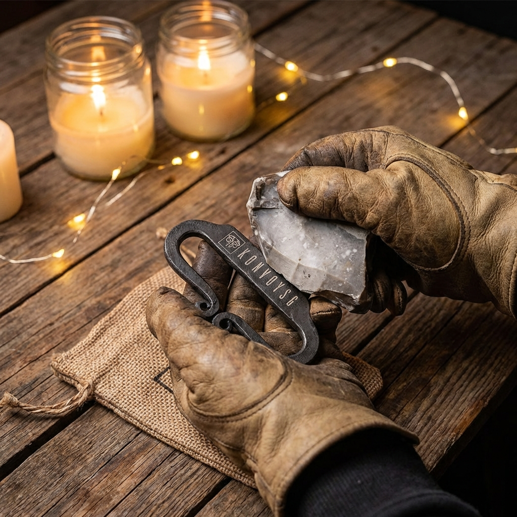 KonvoySG Hand-Forged Flint & Steel Fire Striker Kit – Carbon Steel with English Flint Stone & Jute Carry Bag – Traditional Bushcraft Survival Fire Starter for Camping & Emergency Use