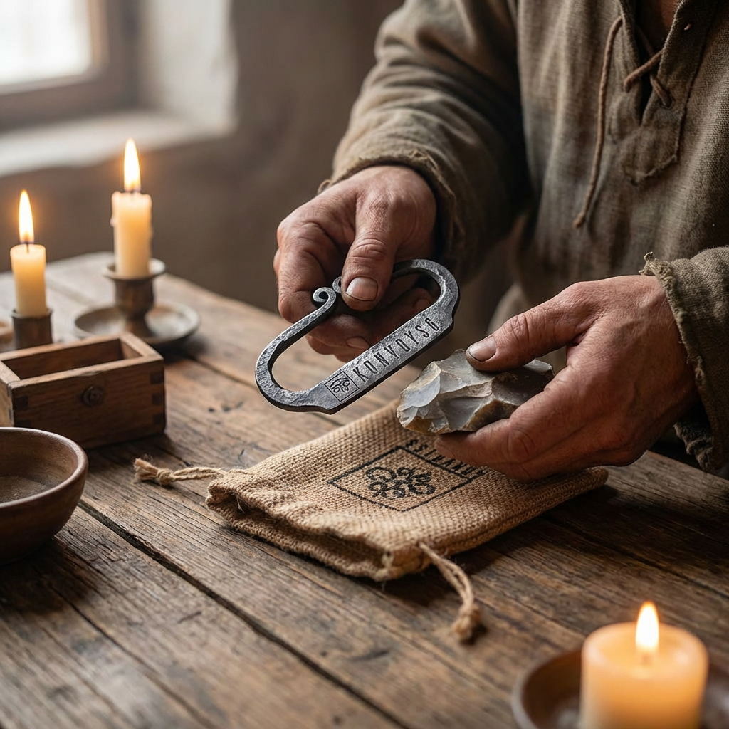 KonvoySG Hand-Forged Flint & Steel Fire Striker Kit – Carbon Steel with English Flint Stone & Jute Carry Bag – Traditional Bushcraft Survival Fire Starter for Camping & Emergency Use