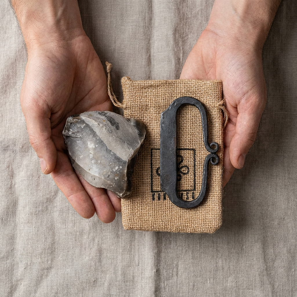 KonvoySG Hand-Forged Flint & Steel Fire Striker Kit – Carbon Steel with English Flint Stone & Jute Carry Bag – Traditional Bushcraft Survival Fire Starter for Camping & Emergency Use