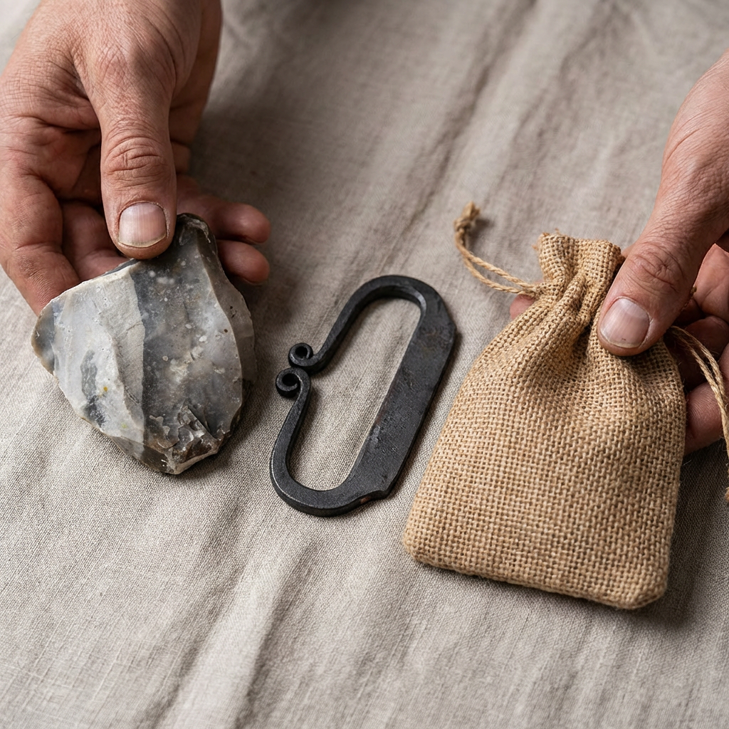 KonvoySG Hand-Forged Flint & Steel Fire Striker Kit – Carbon Steel with English Flint Stone & Jute Carry Bag – Traditional Bushcraft Survival Fire Starter for Camping & Emergency Use