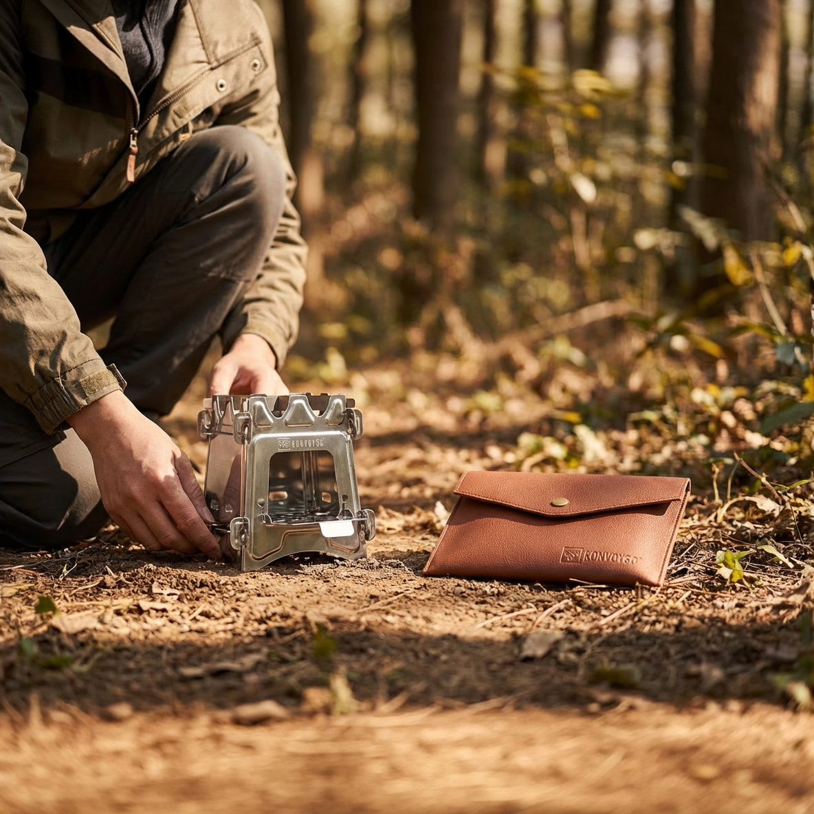 KonvoySG Wood-Burning Bushcraft Stove with Genuine Leather Pouch