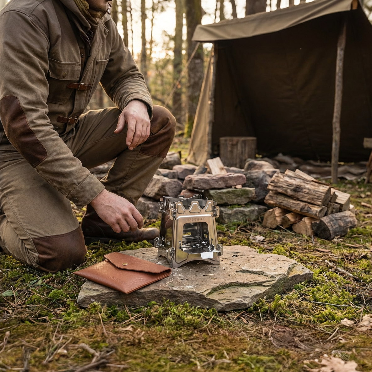 KonvoySG Wood-Burning Bushcraft Stove with Genuine Leather Pouch