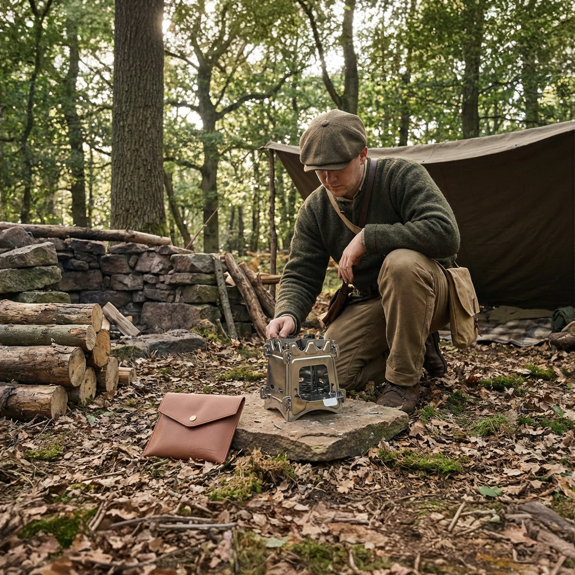 KonvoySG Wood-Burning Bushcraft Stove with Genuine Leather Pouch