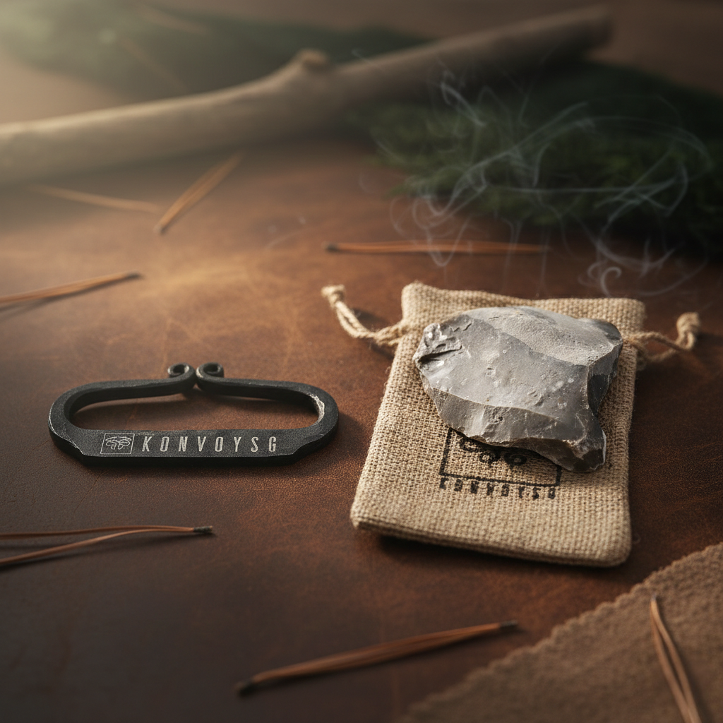 KonvoySG Hand-Forged Flint & Steel Fire Striker Kit – Carbon Steel with English Flint Stone & Jute Carry Bag – Traditional Bushcraft Survival Fire Starter for Camping & Emergency Use