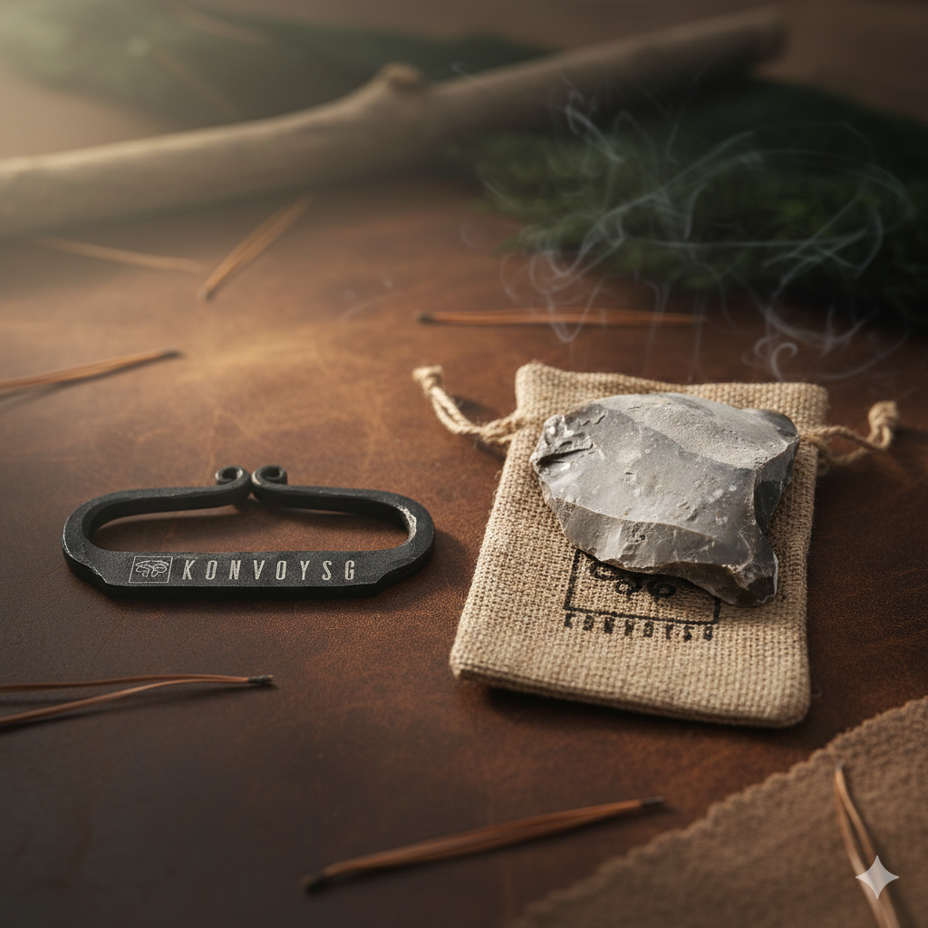 KonvoySG Hand-Forged Flint & Steel Fire Striker Kit – Carbon Steel with English Flint Stone & Jute Carry Bag – Traditional Bushcraft Survival Fire Starter for Camping & Emergency Use