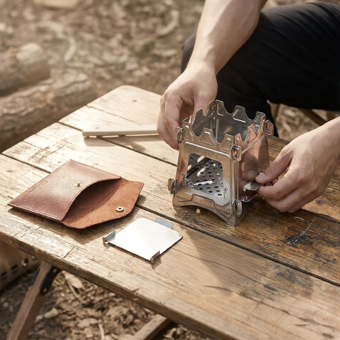 KonvoySG Wood-Burning Bushcraft Stove with Genuine Leather Pouch